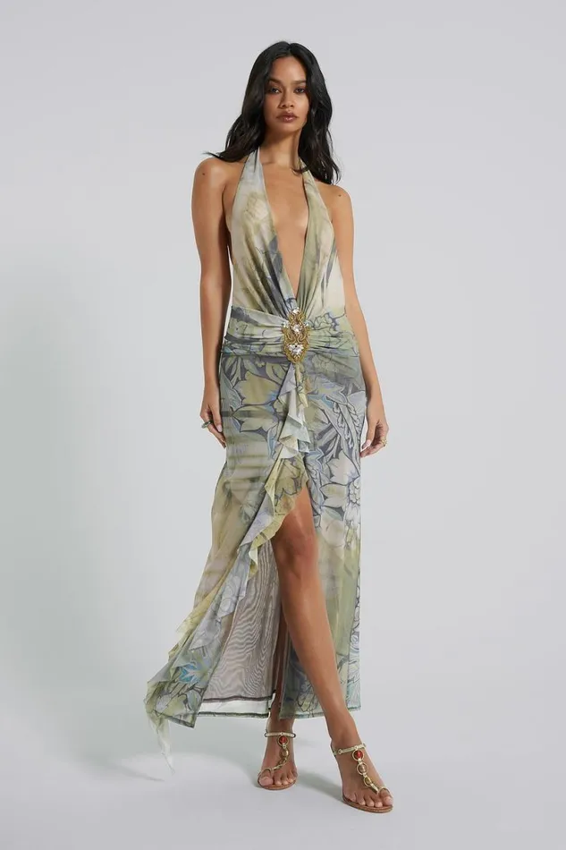 Jaded London Maxi Dresses Women Cindy Plunge Maxi Dress In Green Green