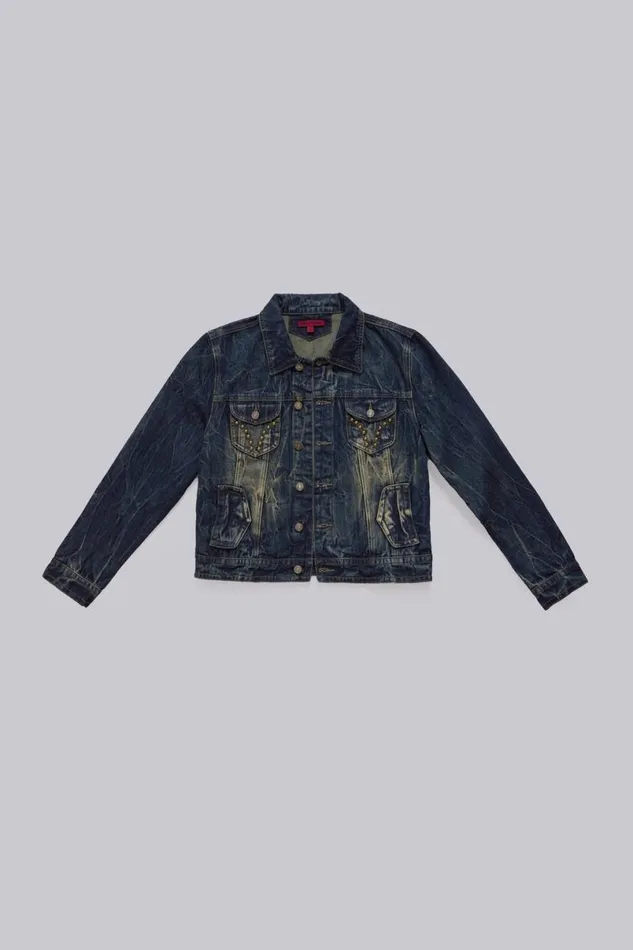 Jaded London Outerwear Men Creased Wash Stud Denim Jacket Blue