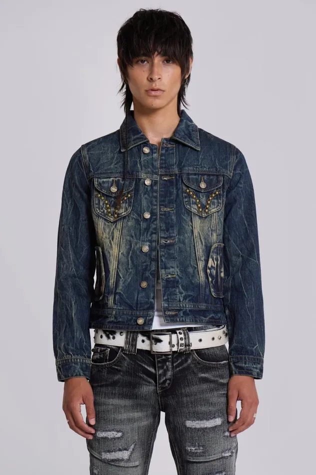Jaded London Outerwear Men Creased Wash Stud Denim Jacket Blue