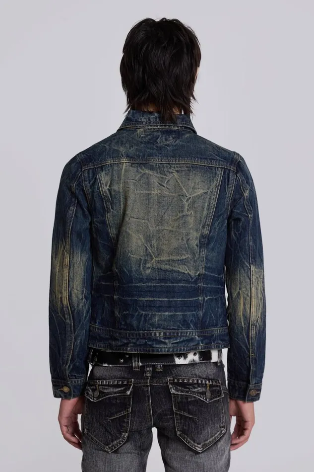 Jaded London Outerwear Men Creased Wash Stud Denim Jacket Blue