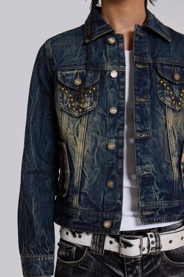 Jaded London Outerwear Men Creased Wash Stud Denim Jacket Blue