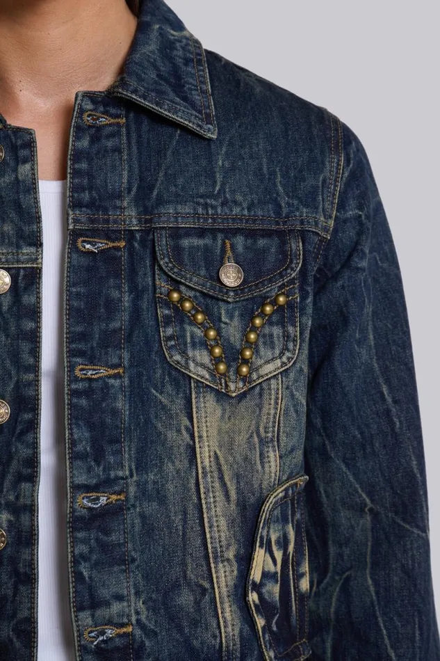 Jaded London Outerwear Men Creased Wash Stud Denim Jacket Blue