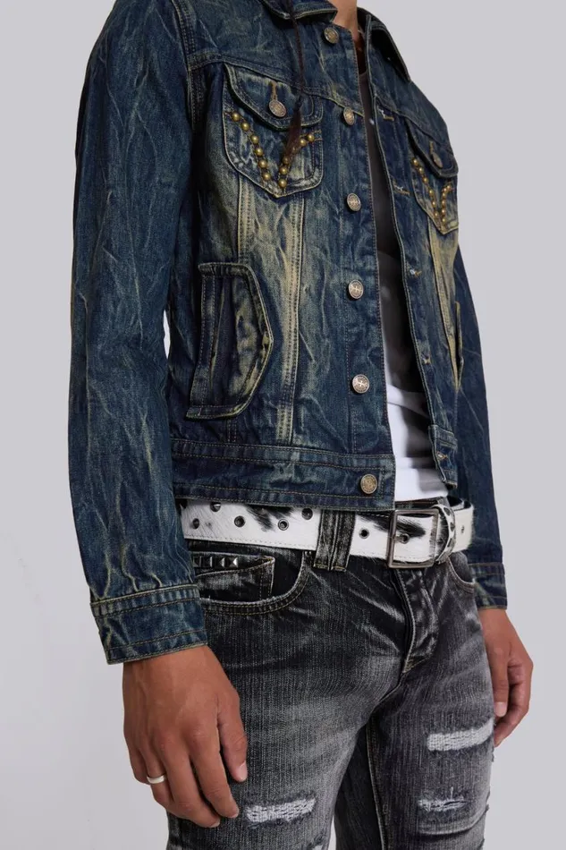 Jaded London Outerwear Men Creased Wash Stud Denim Jacket Blue