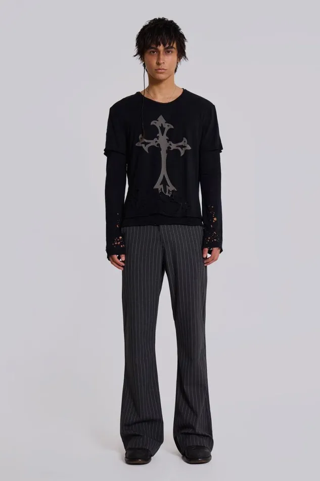 Jaded London Suit Trousers Men Grey Pinstripe Stacked Bootcut Suit Pants Grey