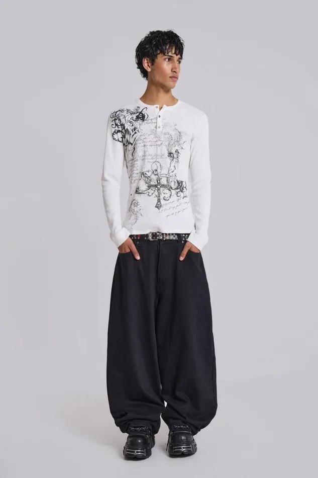 Jaded London TShirts and Vests Men Anointed White Waffle Henley TShirt White