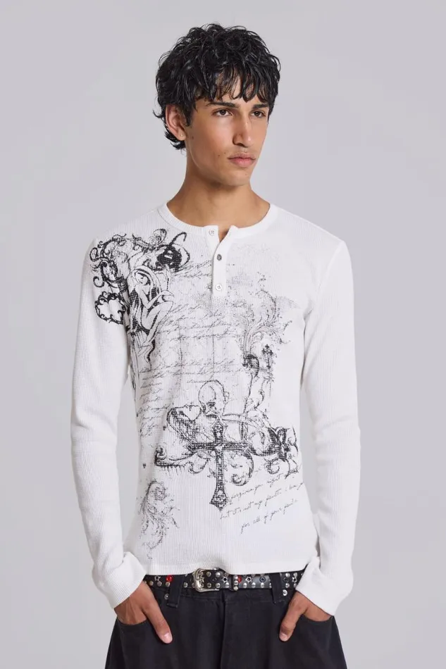 Jaded London TShirts and Vests Men Anointed White Waffle Henley TShirt White