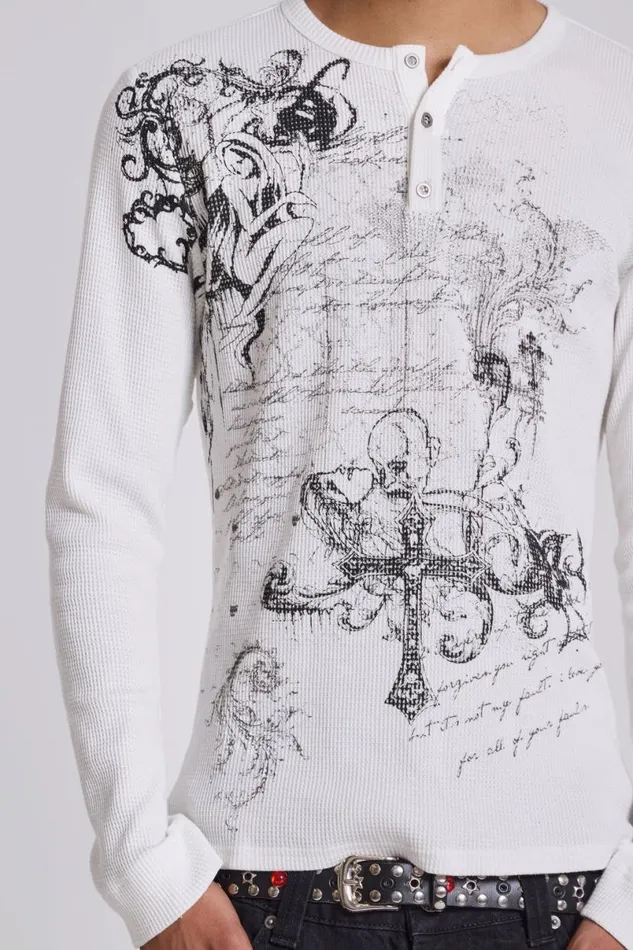 Jaded London TShirts and Vests Men Anointed White Waffle Henley TShirt White
