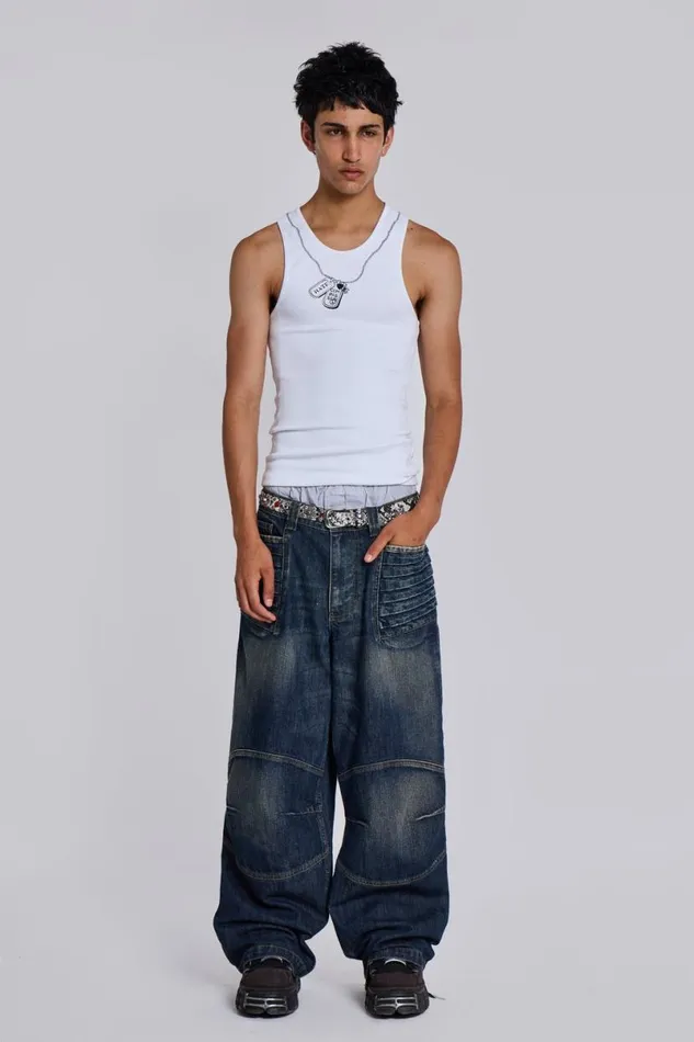 Jaded London Unisex UnisexMen Mid Blue Crash Biker Colossus Jeans Dark Blue
