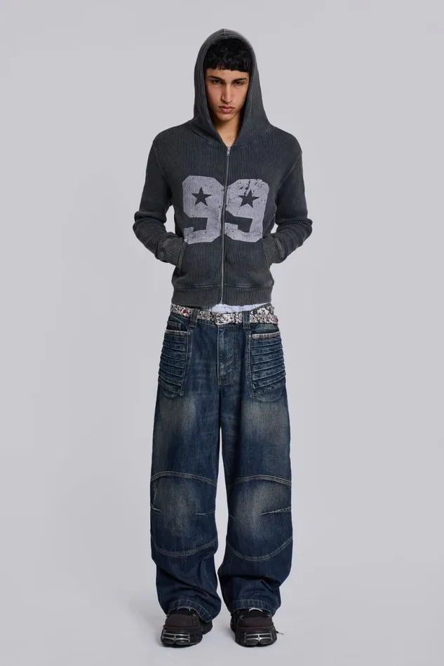 Jaded London Unisex UnisexMen Mid Blue Crash Biker Colossus Jeans Dark Blue