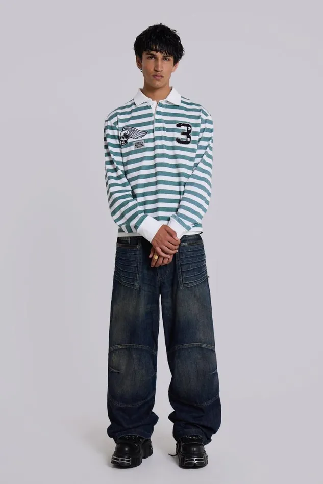 Jaded London Unisex UnisexMen Mid Blue Crash Biker Colossus Jeans Dark Blue