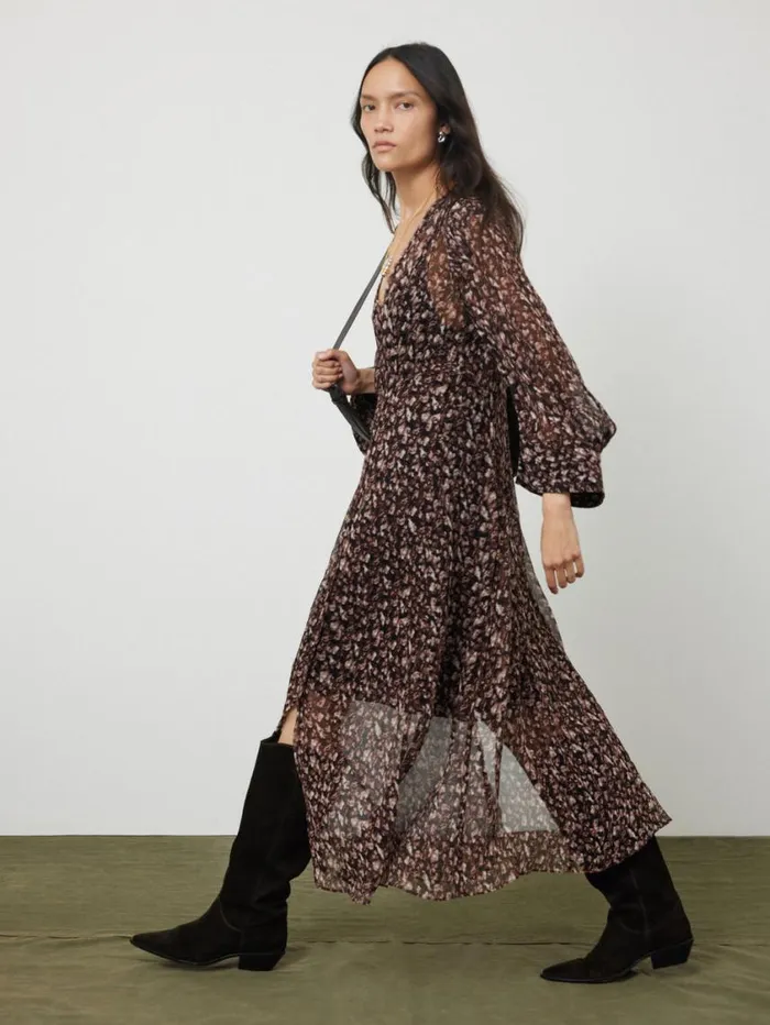 Jigsaw Abstract Leopard Midi Dress Brown Women Dresses and Jumpsuits
