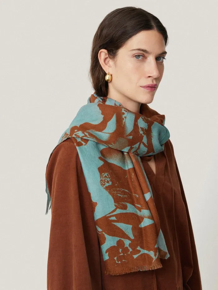 Jigsaw Collage Wool Silk Scarf Blue Women Ponchos and Scarves