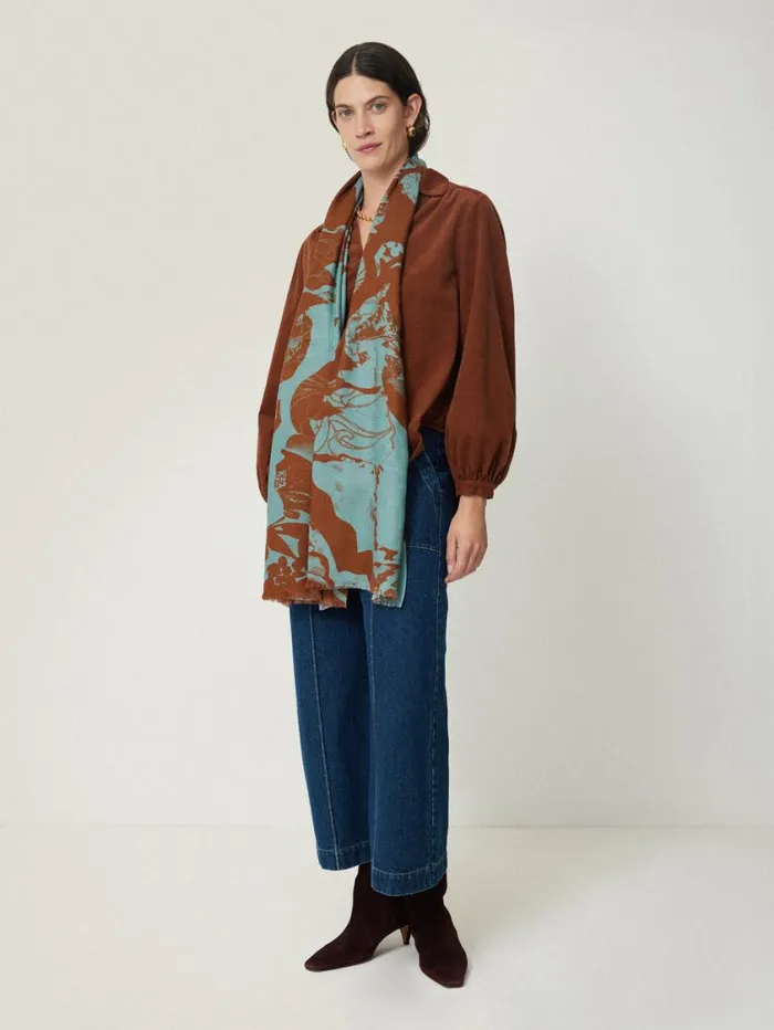 Jigsaw Collage Wool Silk Scarf Blue Women Ponchos and Scarves