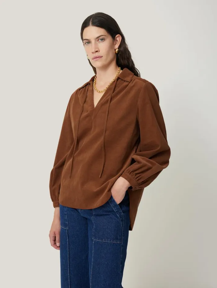 Jigsaw Corduroy V Neck Top Brown Women Shirts and Tops