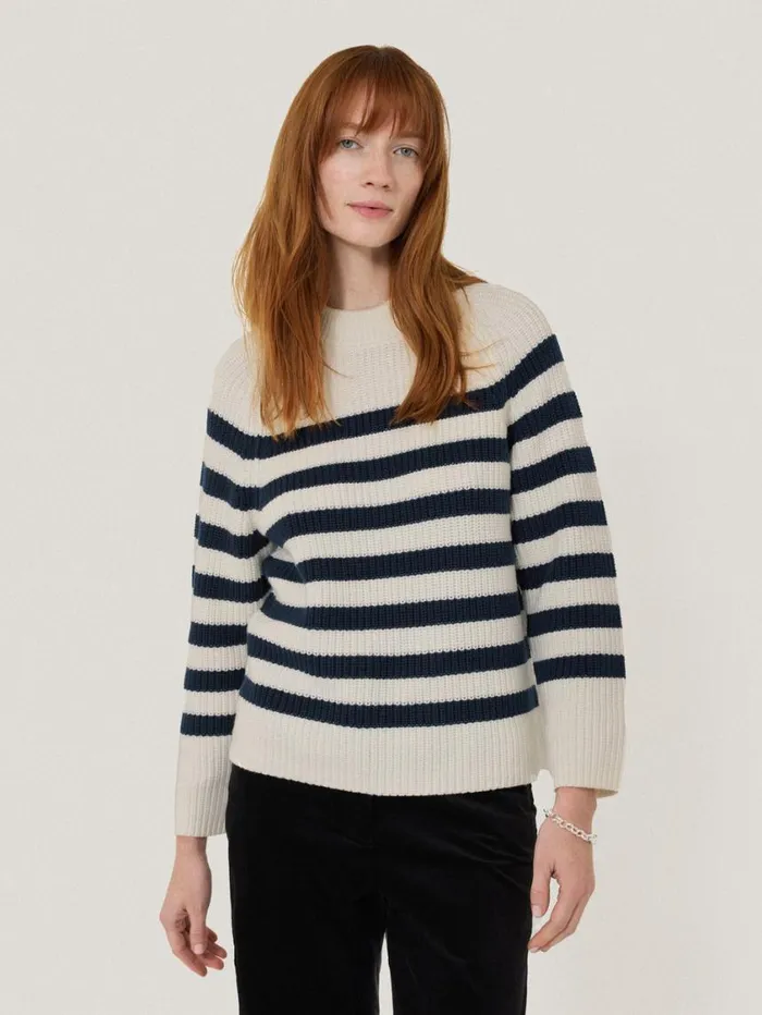 Jigsaw Cotton Blend Stripe Jumper Navy Women Knitwear and Cashmere