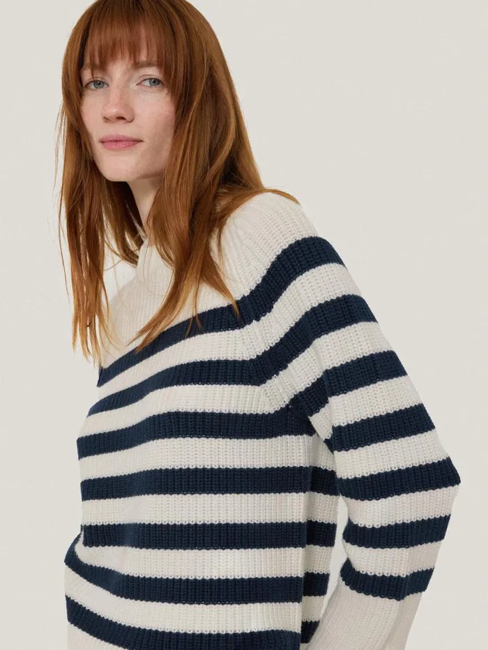 Jigsaw Cotton Blend Stripe Jumper Navy Women Knitwear and Cashmere