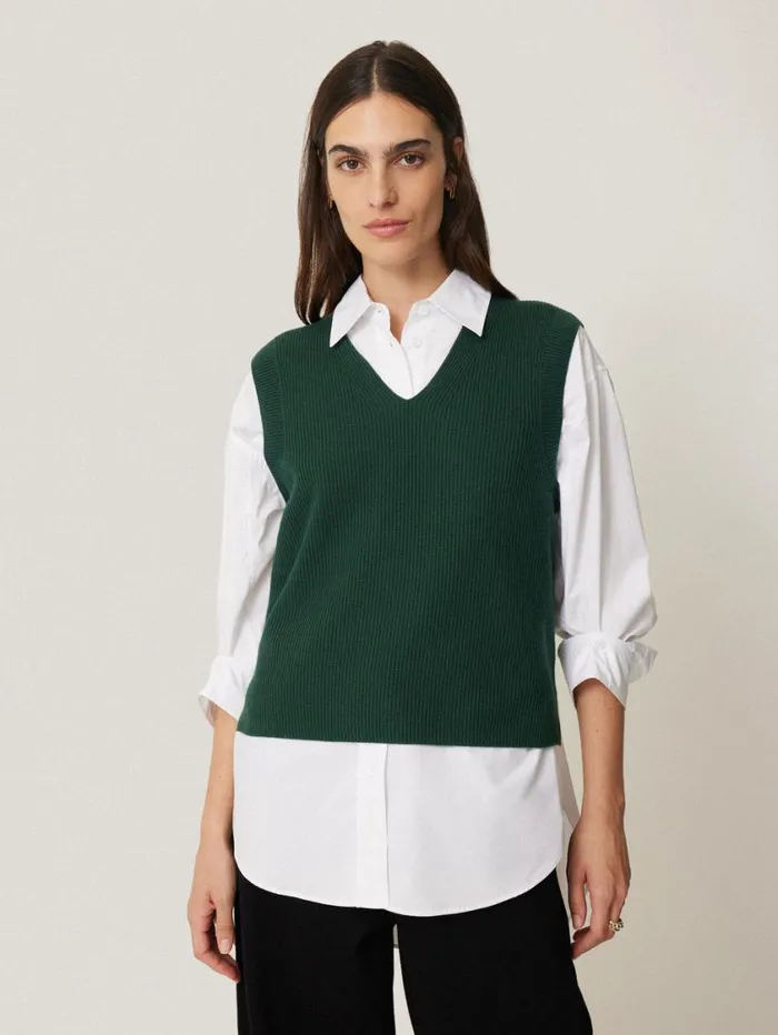 Jigsaw Cotton Blend V Neck Tank Dark Green Women Knitwear and Cashmere
