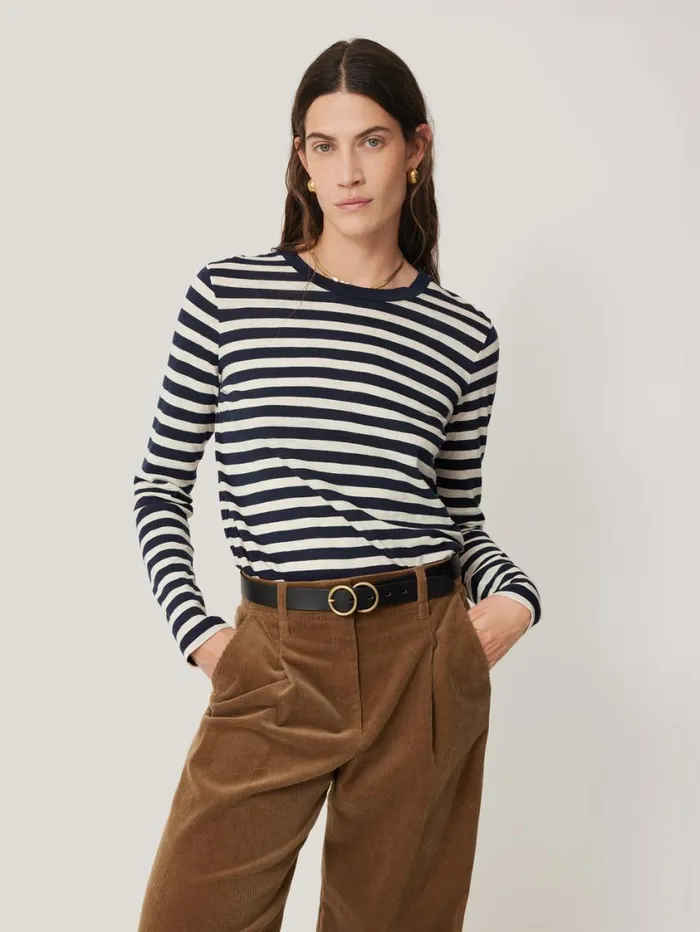 Jigsaw Cotton Slub Stripe Long Sleeve Tee Navy Women Pyjamas and Loungewear