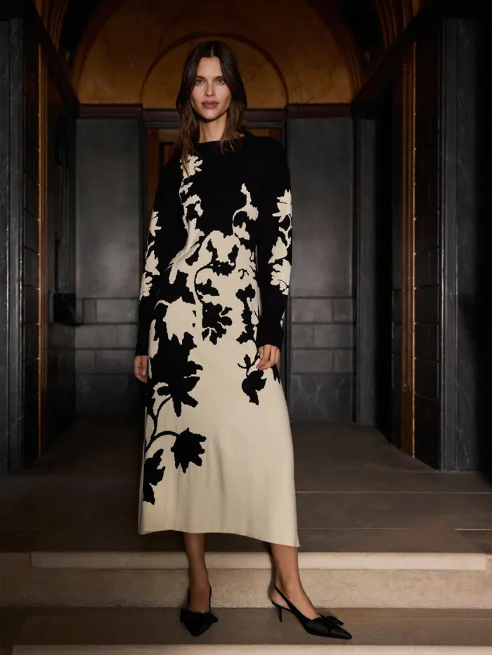 Jigsaw Floral Jacquard Knitted Dress Monochrome Women Party