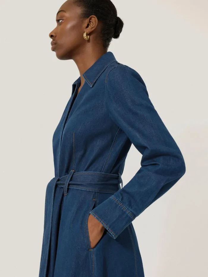Jigsaw Fluid Denim Belted Shirt Dress Indigo Women Dresses and Jumpsuits