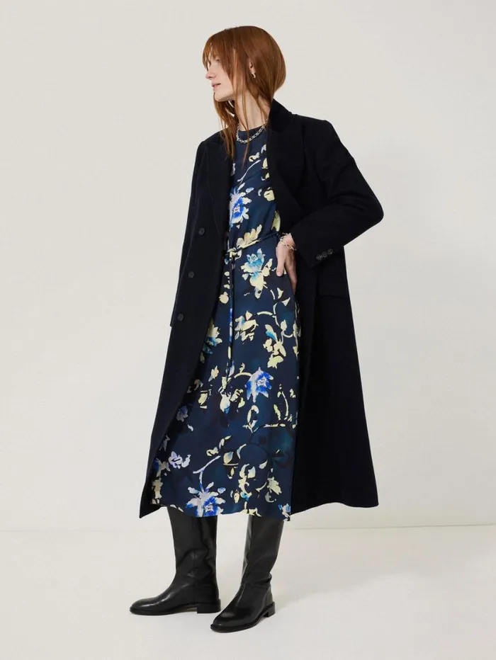 Jigsaw Hidden Floral Satin Dress Navy Women Dresses and Jumpsuits