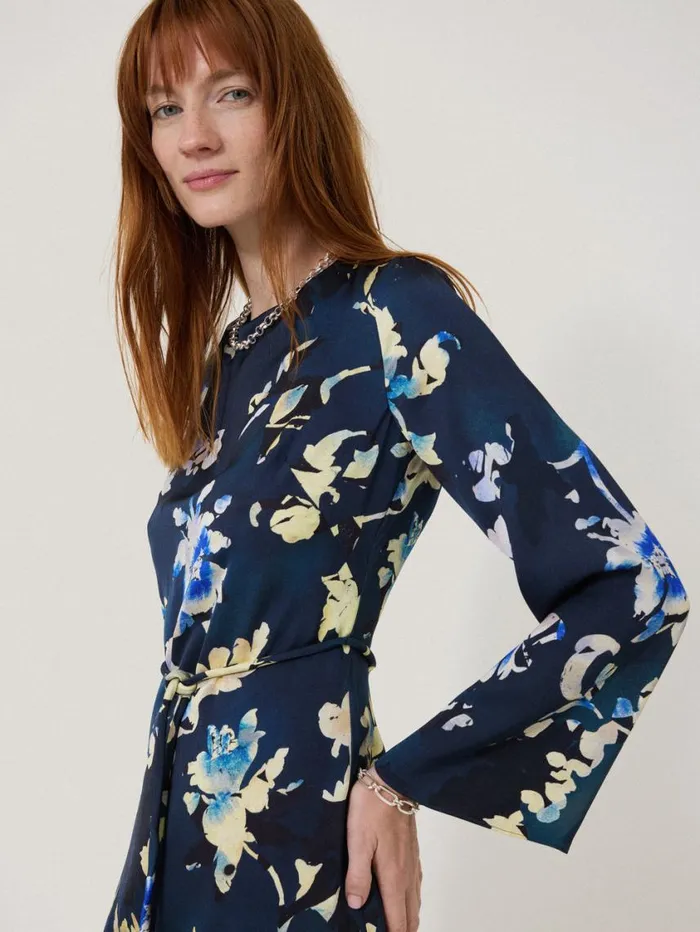 Jigsaw Hidden Floral Satin Dress Navy Women Dresses and Jumpsuits