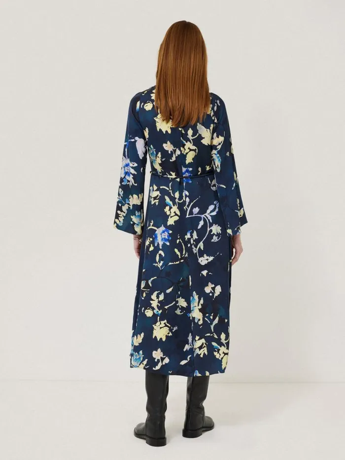 Jigsaw Hidden Floral Satin Dress Navy Women Dresses and Jumpsuits