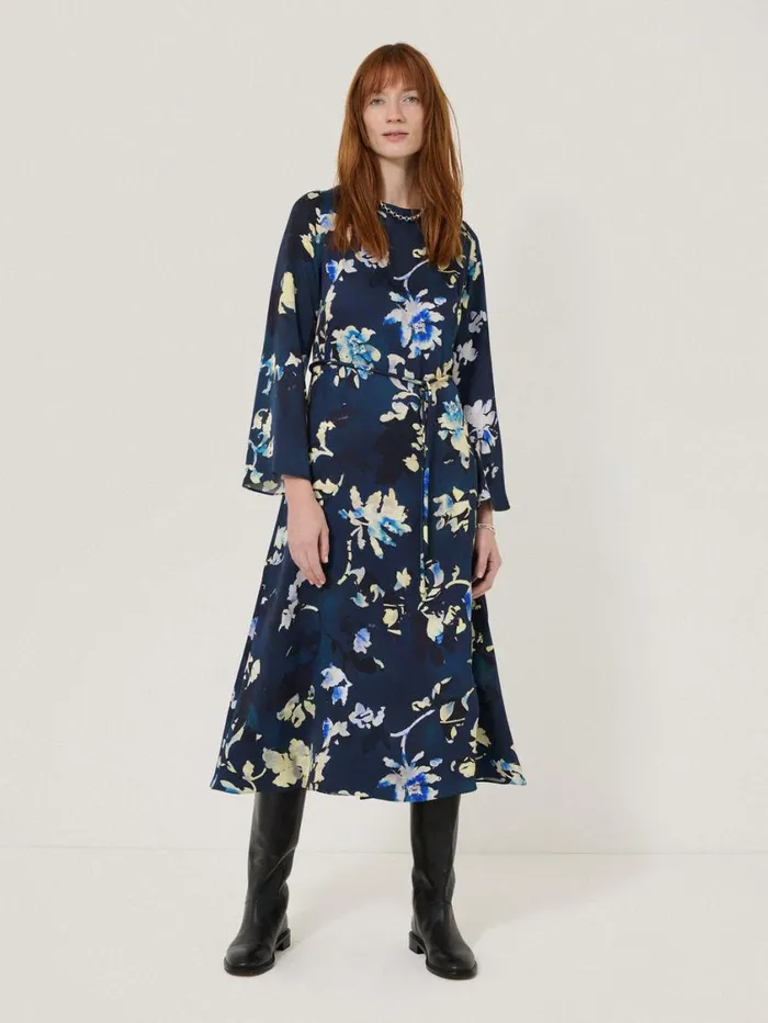 Jigsaw Hidden Floral Satin Dress Navy Women Dresses and Jumpsuits
