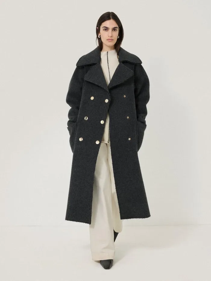 Jigsaw Italian Wool Raw Edge Coat Charcoal Women Coats and Jackets
