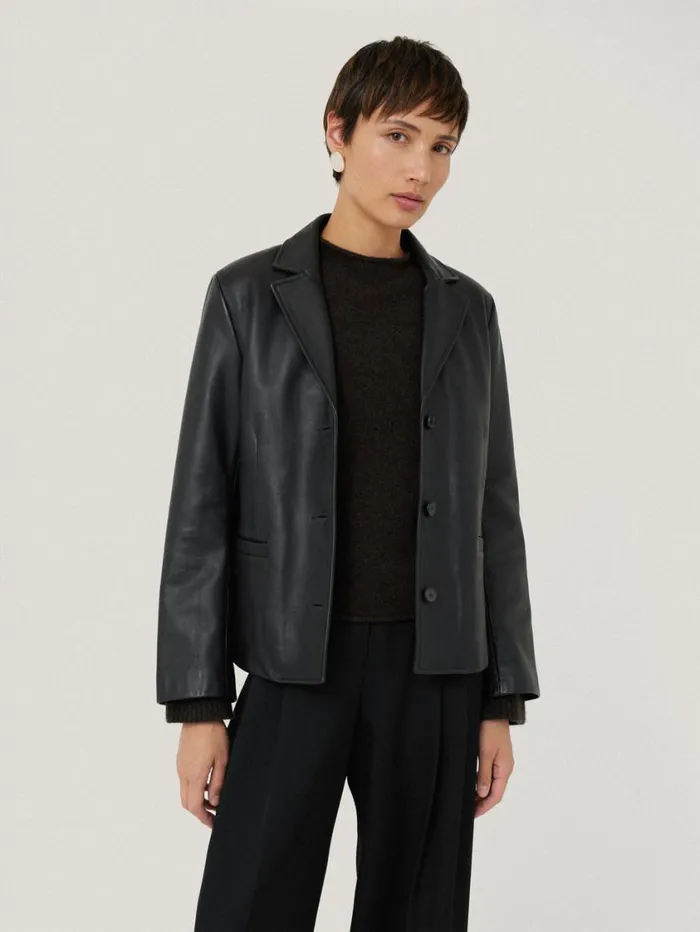 Jigsaw Leather Tailored Blazer Black Women Coats and Jackets