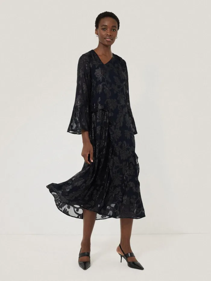 Jigsaw Metallic Jacquard Midi Dress Navy Women Dresses and Jumpsuits