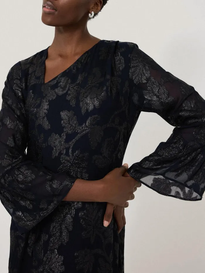 Jigsaw Metallic Jacquard Midi Dress Navy Women Dresses and Jumpsuits