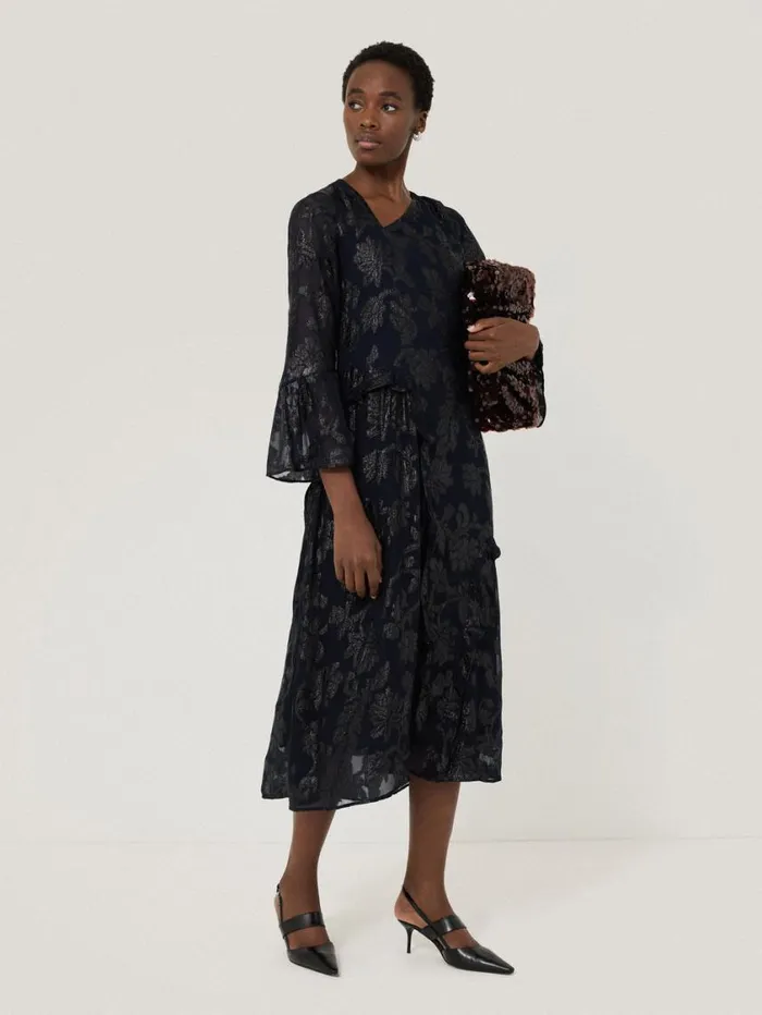 Jigsaw Metallic Jacquard Midi Dress Navy Women Dresses and Jumpsuits