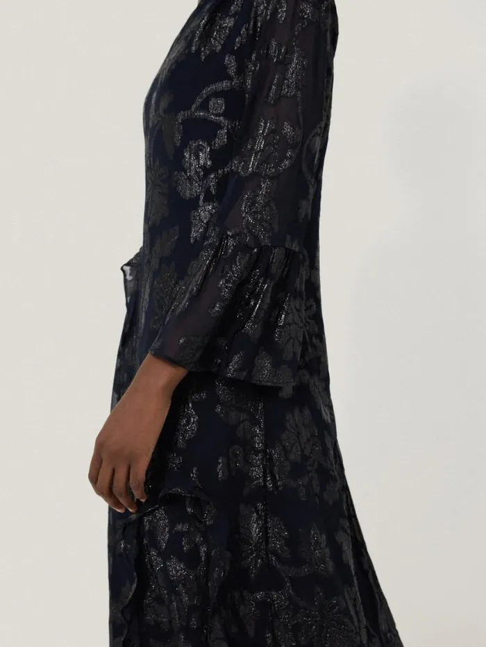 Jigsaw Metallic Jacquard Midi Dress Navy Women Dresses and Jumpsuits
