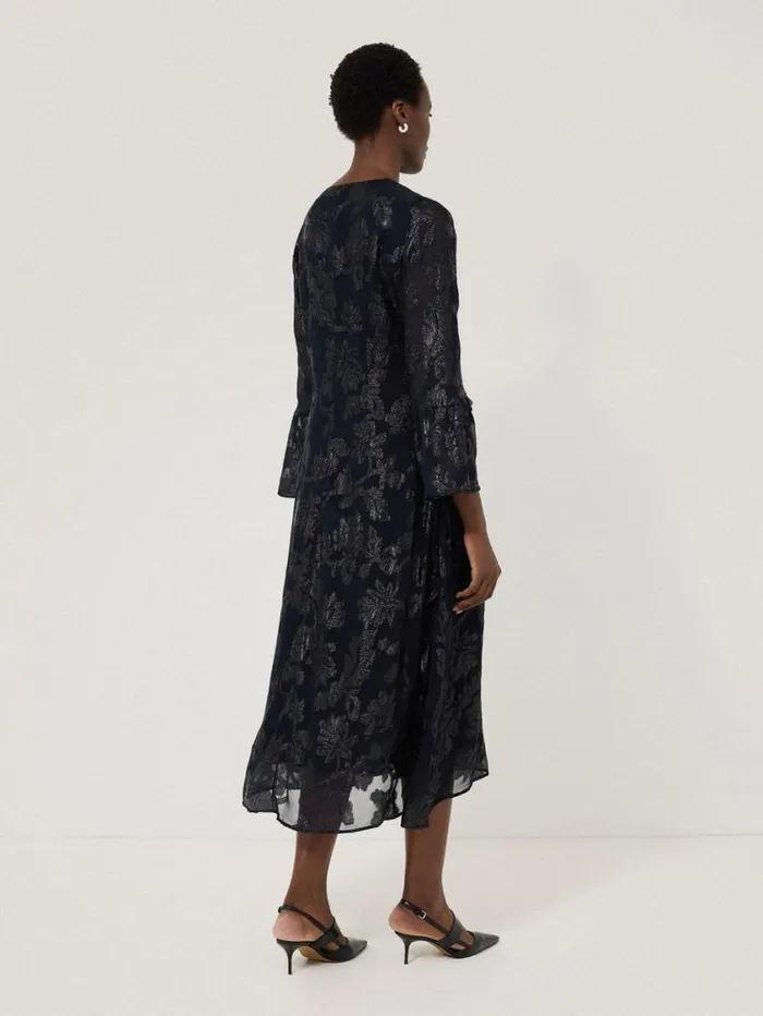 Jigsaw Metallic Jacquard Midi Dress Navy Women Dresses and Jumpsuits