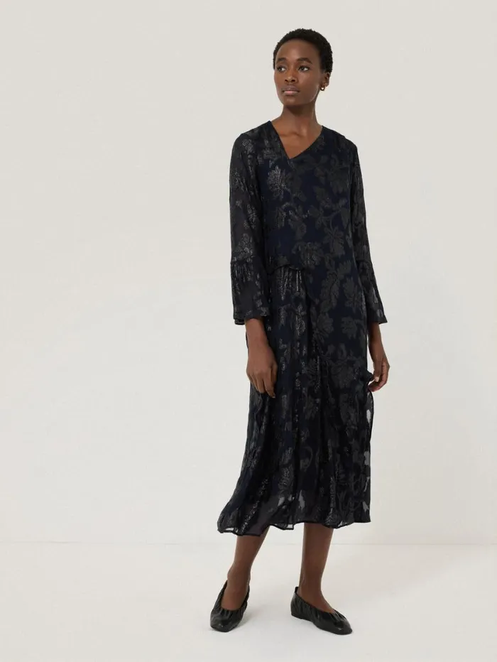 Jigsaw Metallic Jacquard Midi Dress Navy Women Dresses and Jumpsuits