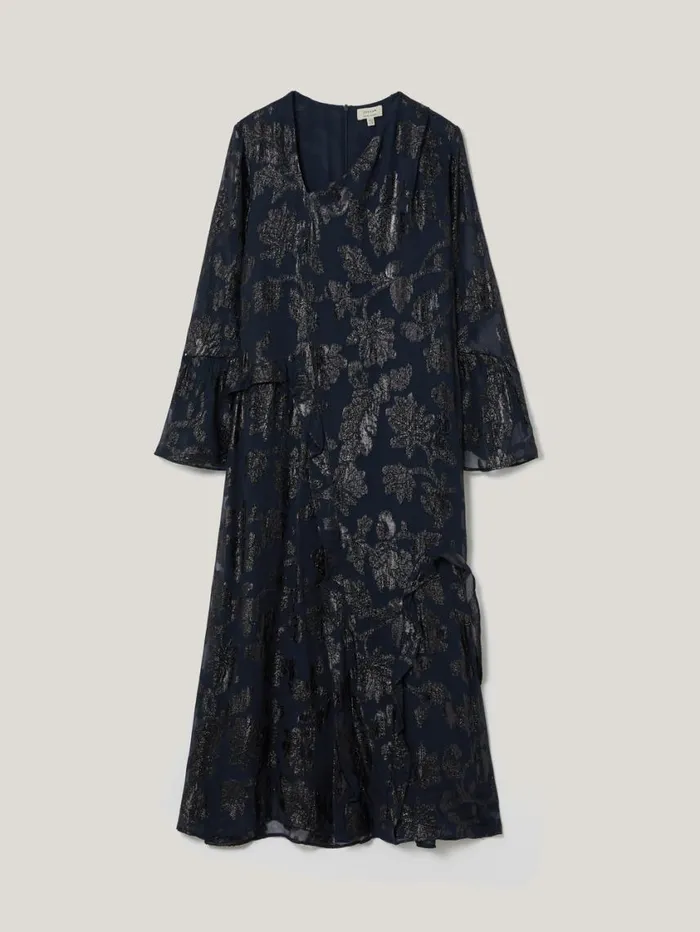 Jigsaw Metallic Jacquard Midi Dress Navy Women Dresses and Jumpsuits