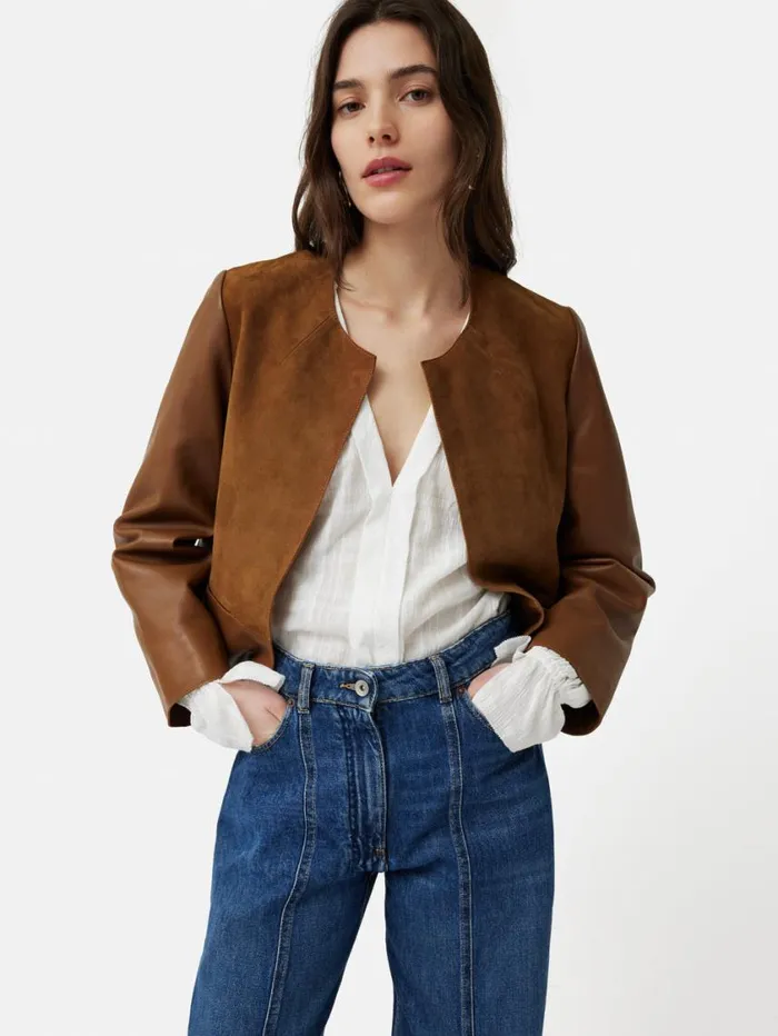 Jigsaw Nakoa Leather Mix Jacket Tan Women Leather