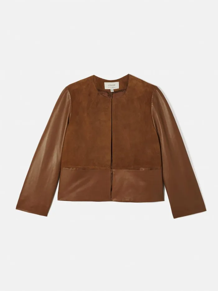 Jigsaw Nakoa Leather Mix Jacket Tan Women Leather