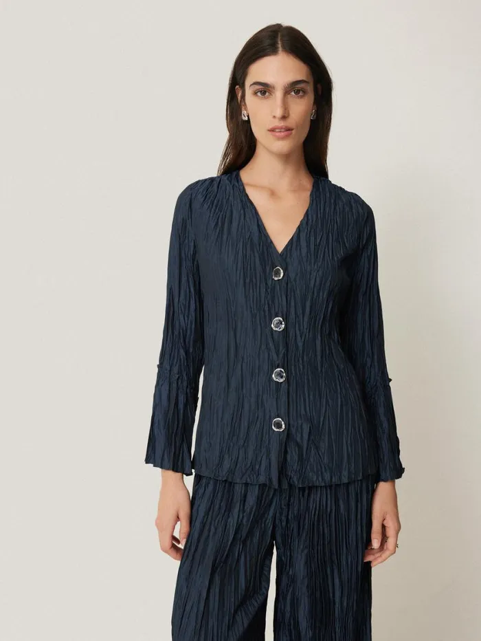Jigsaw Plisse Button Up Top Navy Women Party