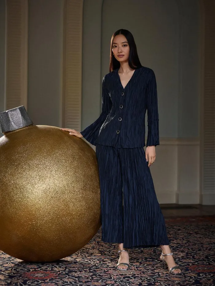 Jigsaw Plisse Button Up Top Navy Women Party