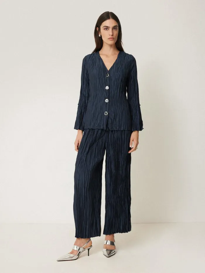 Jigsaw Plisse Button Up Top Navy Women Party