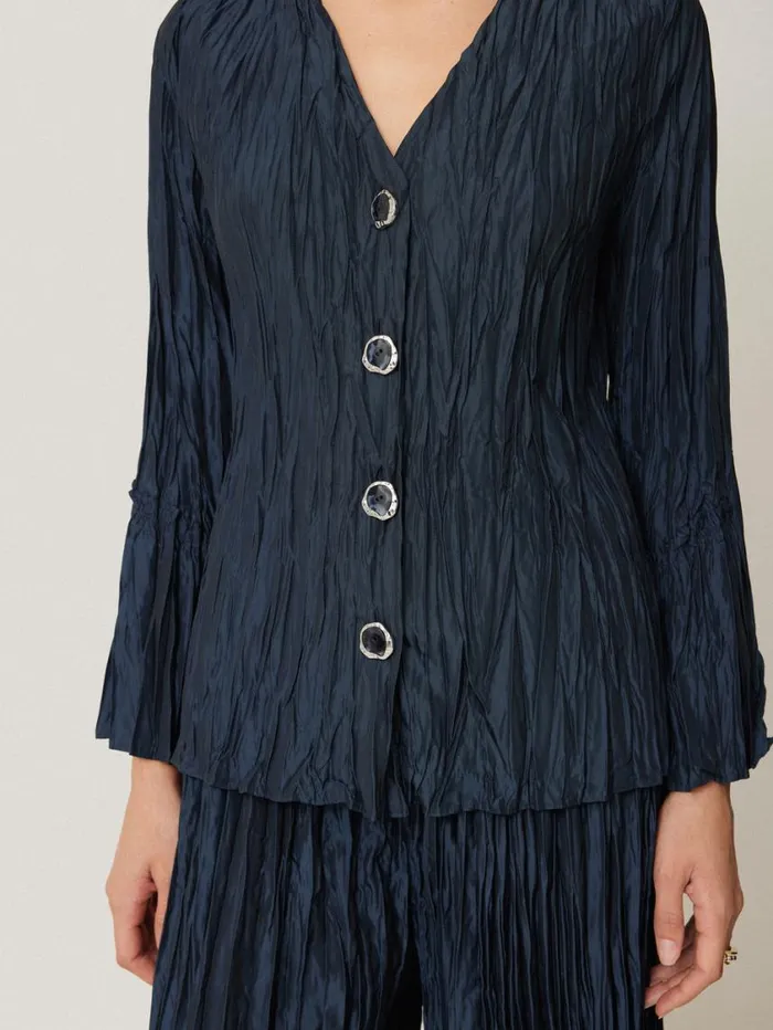 Jigsaw Plisse Button Up Top Navy Women Party