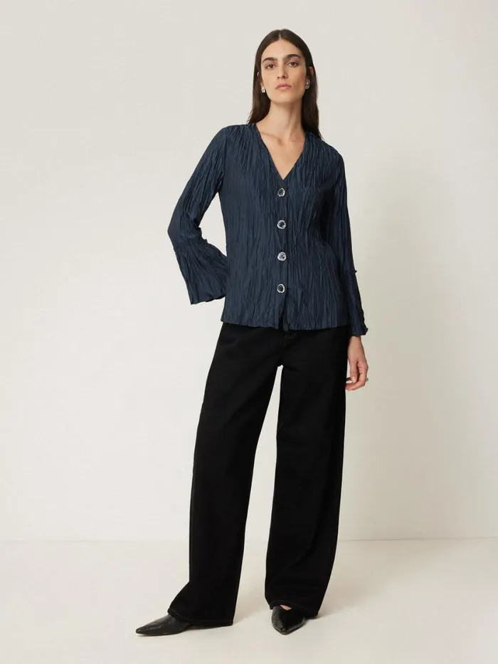 Jigsaw Plisse Button Up Top Navy Women Party