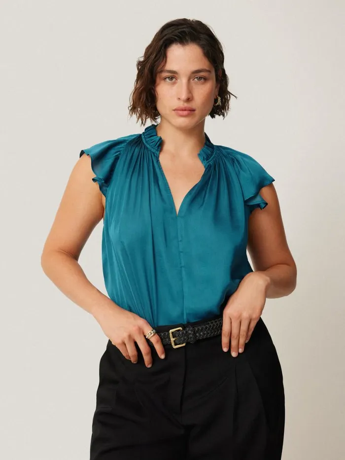 Jigsaw Recycled Satin Frill Neck Top Blue Women Shirts and Tops