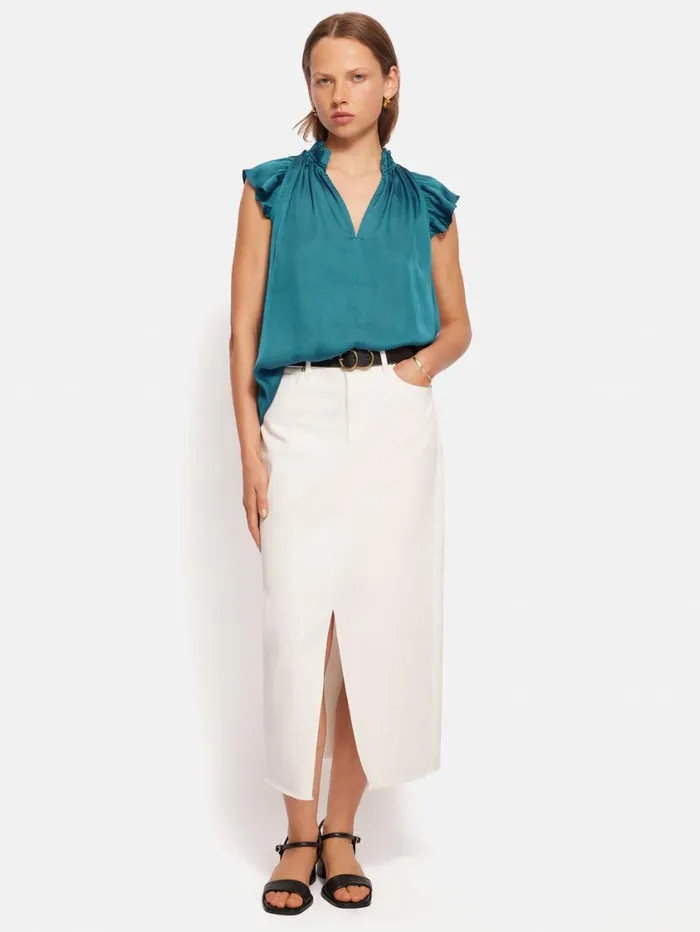 Jigsaw Recycled Satin Frill Neck Top Blue Women Shirts and Tops