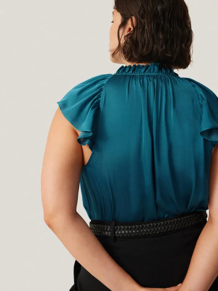 Jigsaw Recycled Satin Frill Neck Top Blue Women Shirts and Tops