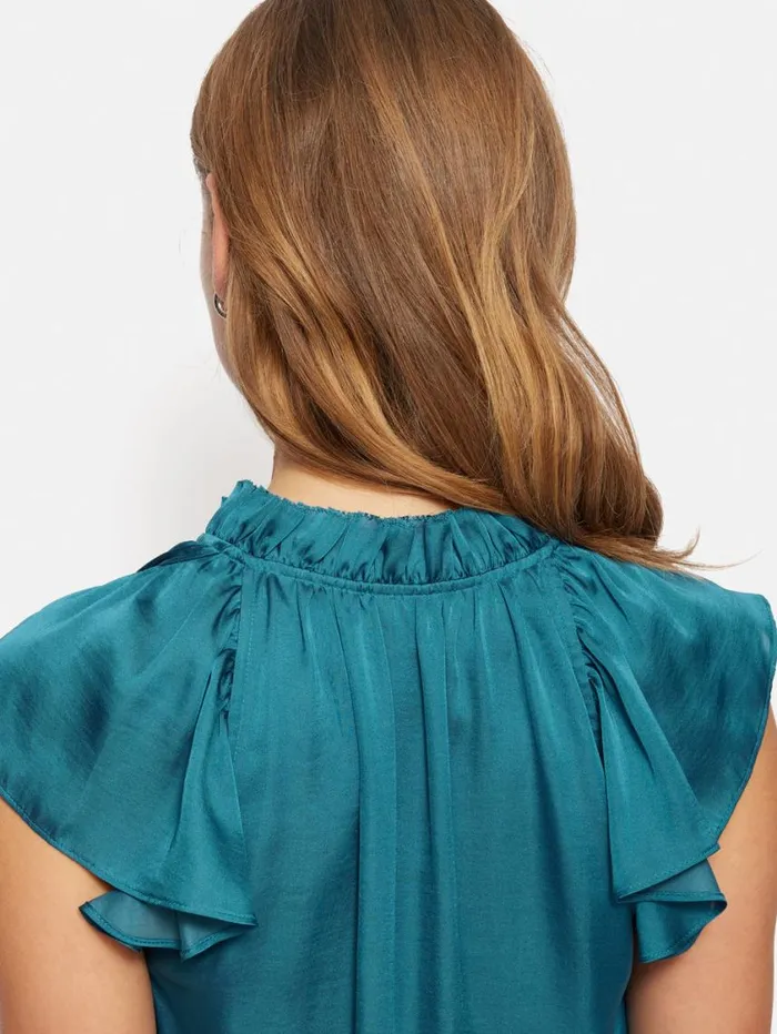 Jigsaw Recycled Satin Frill Neck Top Blue Women Shirts and Tops