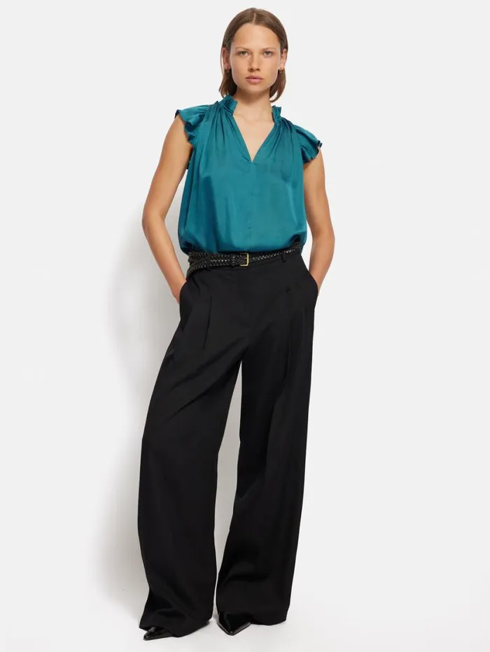 Jigsaw Recycled Satin Frill Neck Top Blue Women Shirts and Tops