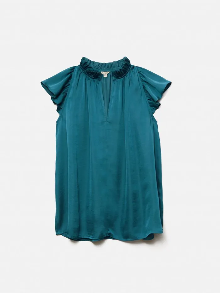 Jigsaw Recycled Satin Frill Neck Top Blue Women Shirts and Tops